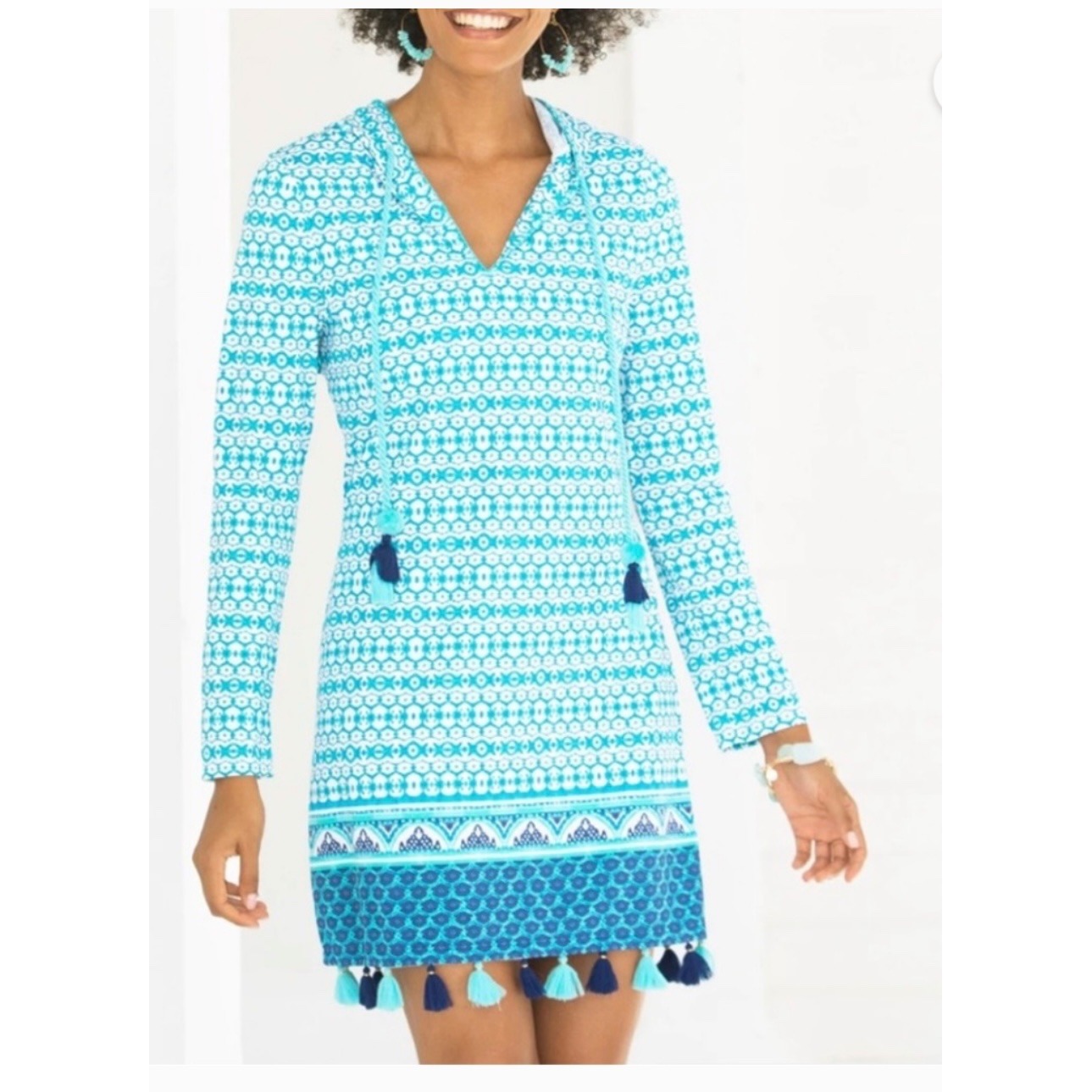 Cabana Life Aruba Blues Hooded Cover Up L Turquoise Nwt Upf 50+ Tassel Geometric